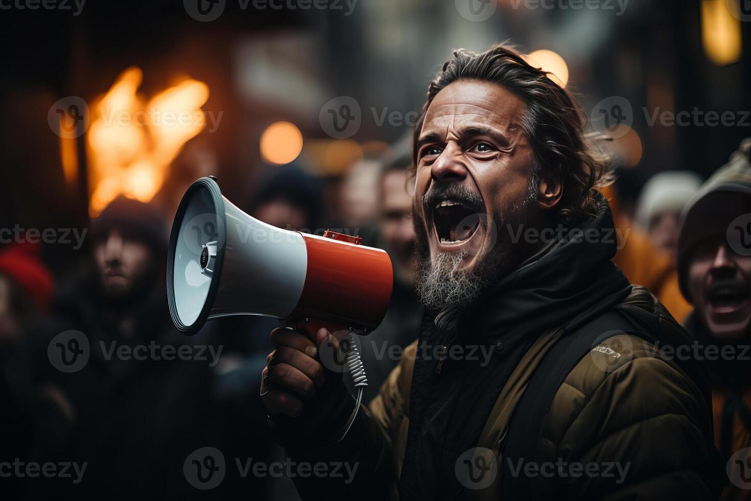 portrait of a man shouts into a megaphone during a protest. photo