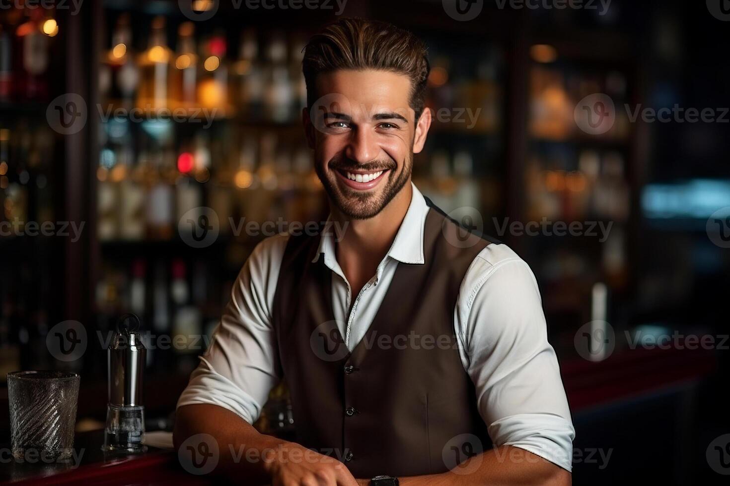 portrait smiling bartender mixes a cocktail in a shaker. photo