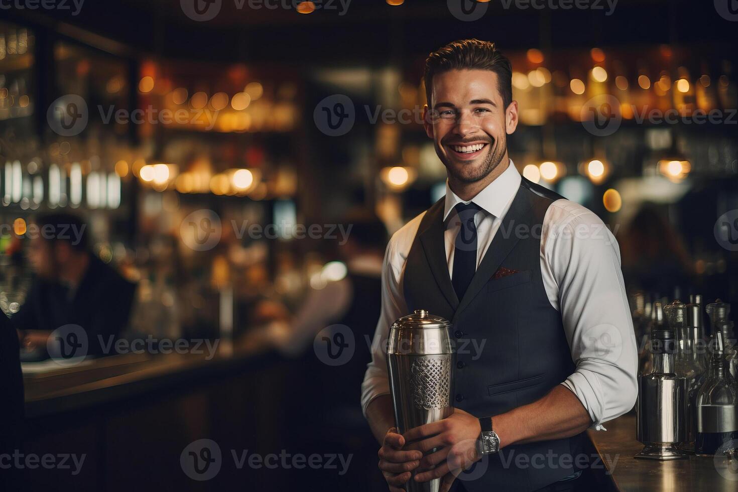 portrait smiling bartender mixes a cocktail in a shaker. photo