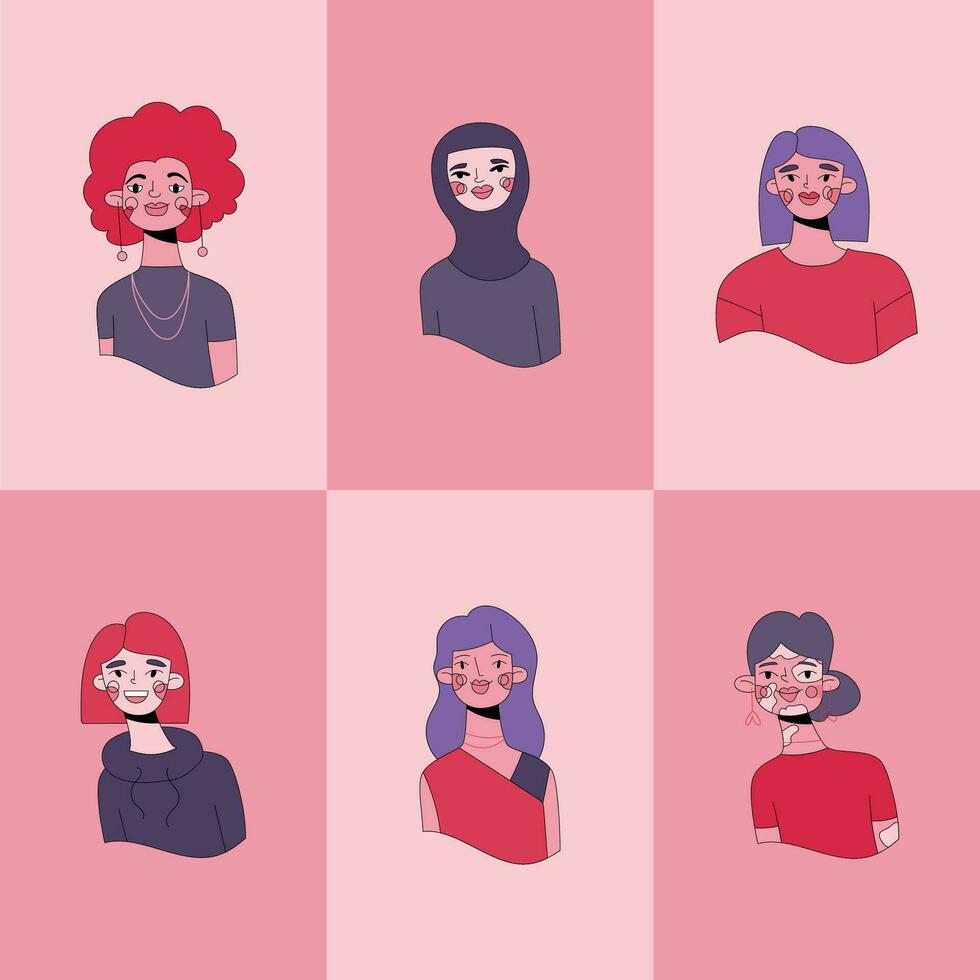 conjunto de avatares íconos de mujer caras. diversidad caracteres para social medios de comunicación, usuario perfil, aplicación diseño, sitios web dibujos animados vector ilustración de hombres y mujer.