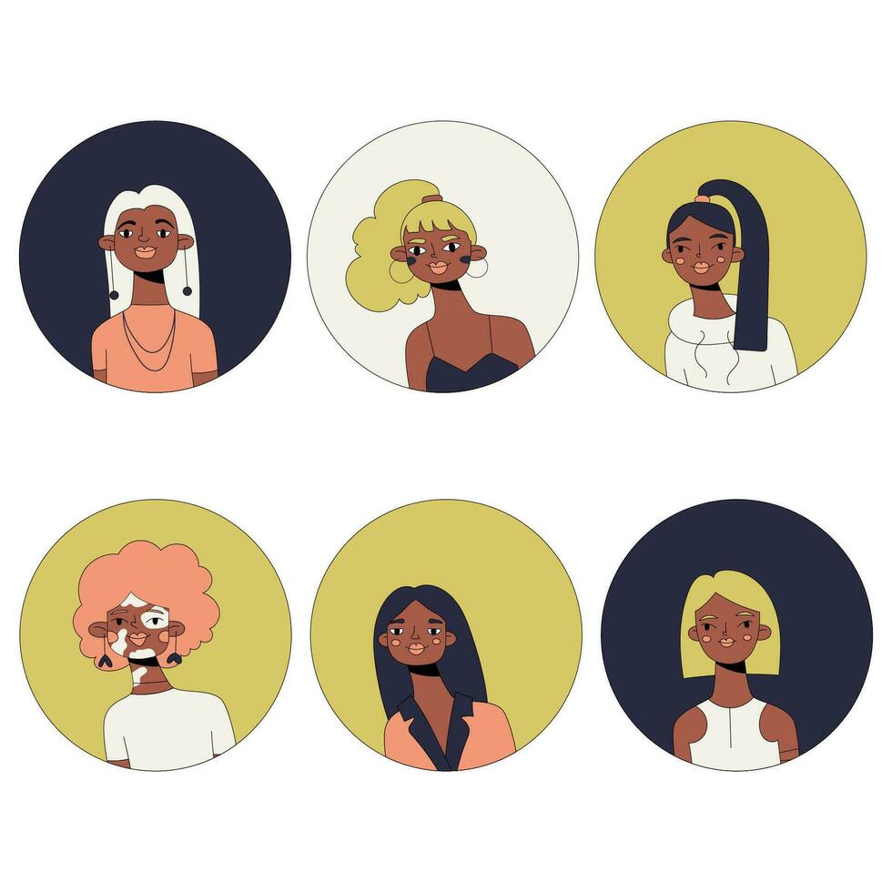 Set of avatars icons of people faces. Diversity characters for social media, user profile, app design, websites. Cartoon vector illustration of men and women.