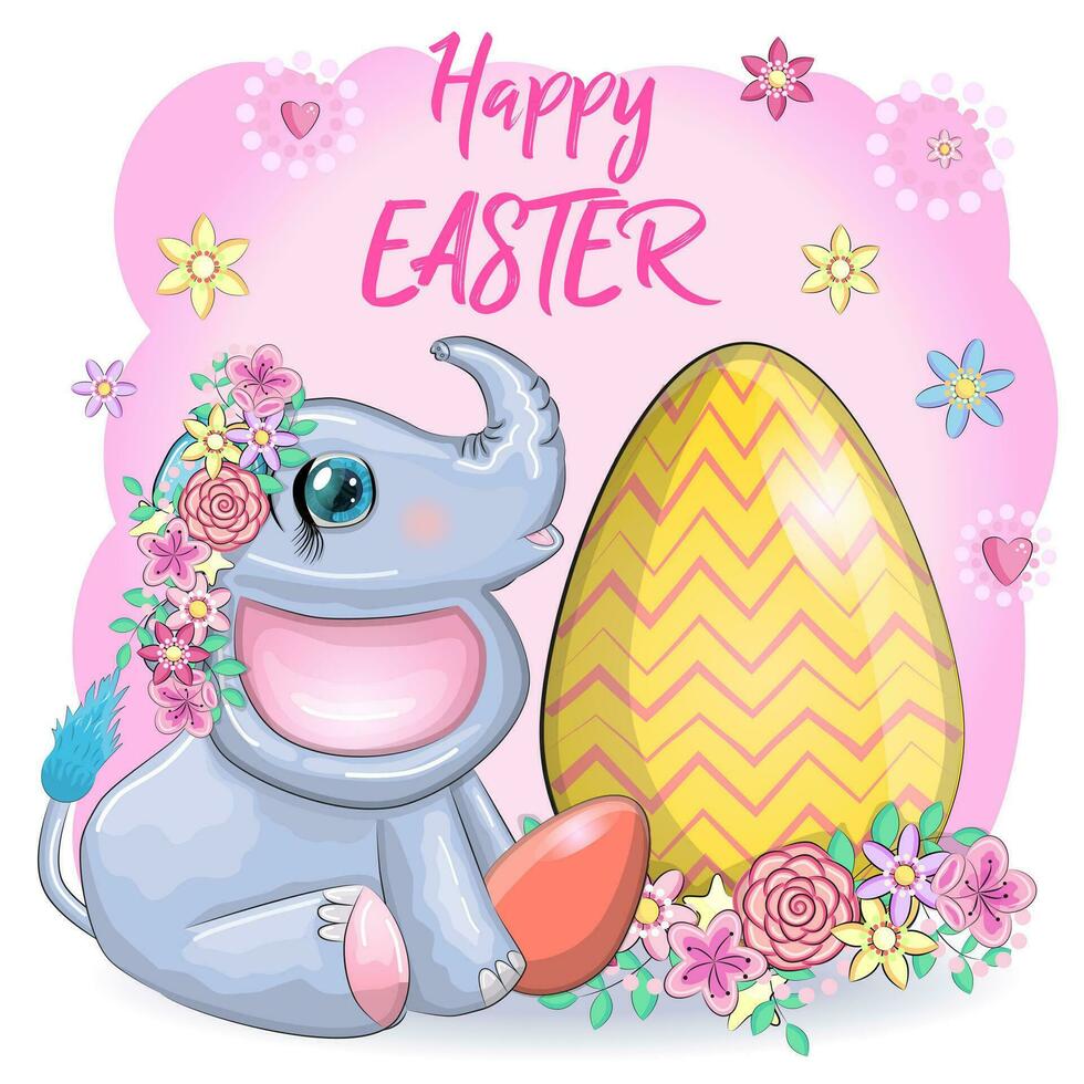 Cute cartoon elephant, childish character with beautiful eyes holding an easter egg. Happy Easter vector