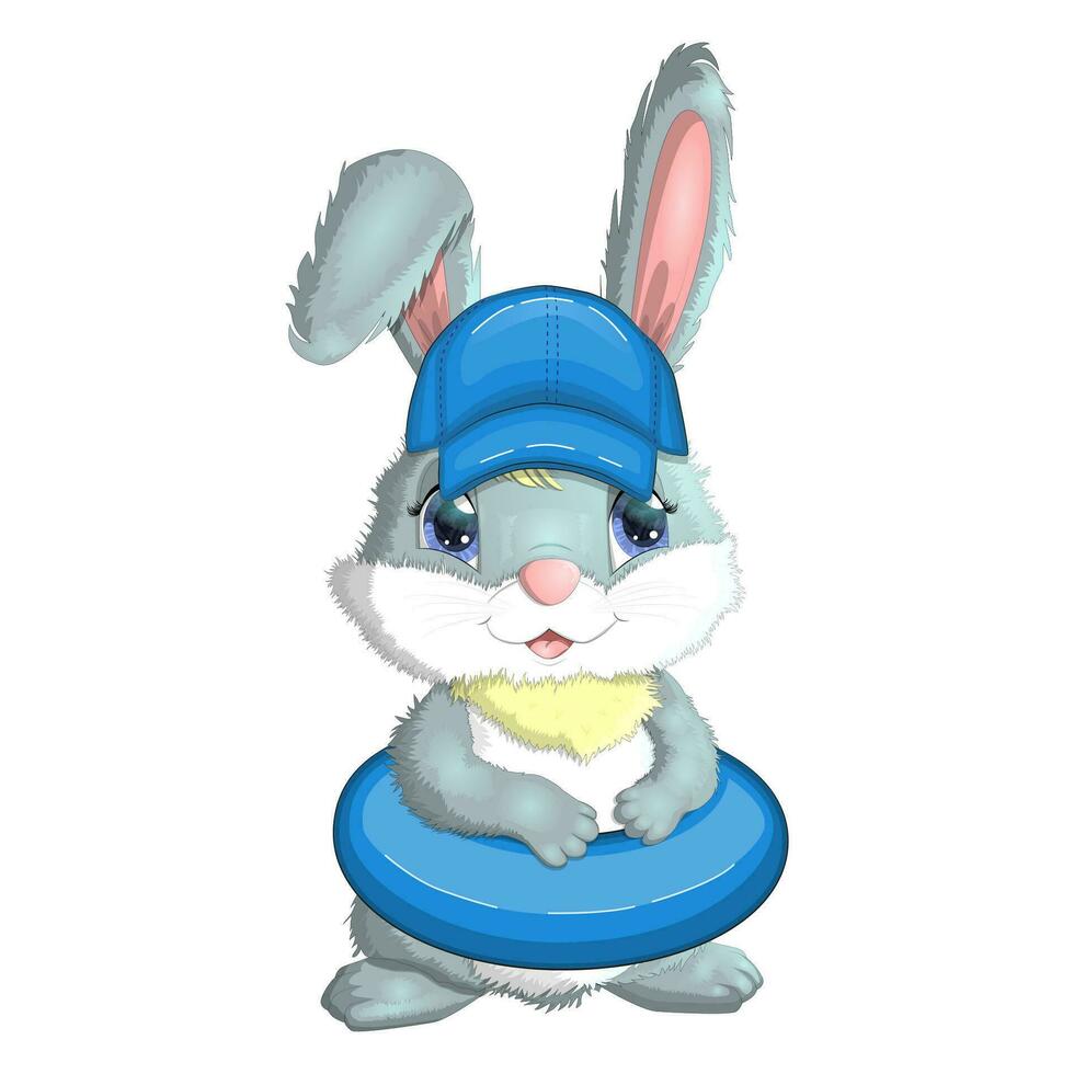 Cute rabbit, hare in a summer hat and swim ring, flippers. Beach, holiday, vacation concept. Symbol of 2023. vector