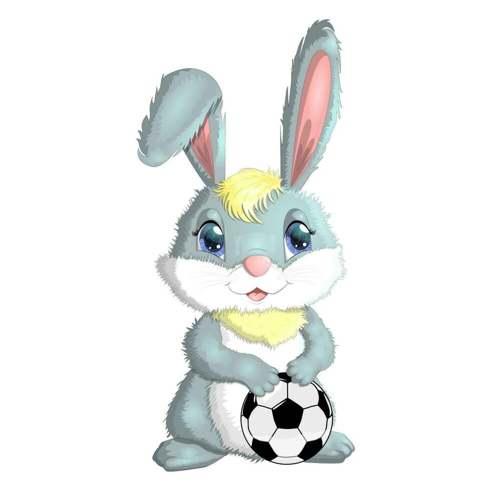 Cartoon rabbit, hare with a football ball. Cute childish character, symbol of 2023 new chinese year vector