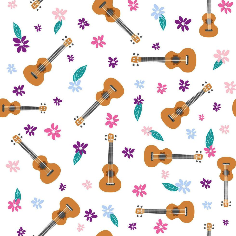 Ukulele seamless pattern, ukulele. Pattern with monstera, leaves, flowers, notes, inscriptions vector