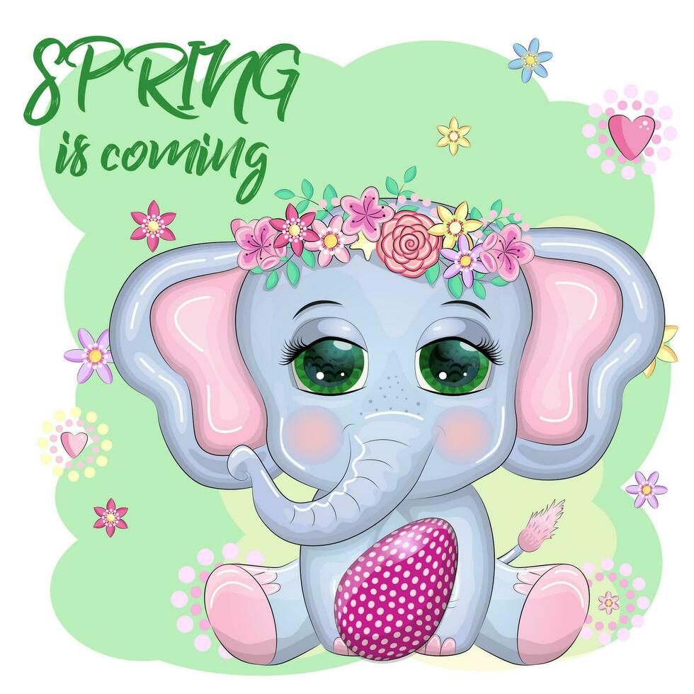 Cute cartoon elephant, childish character with beautiful eyes holding easter egg. vector