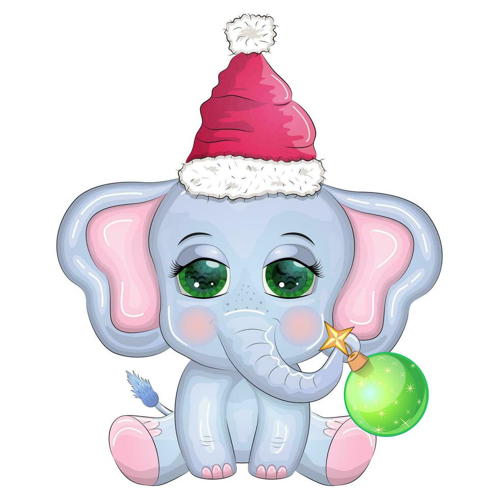 linda dibujos animados elefante, infantil personaje con hermosa ojos vistiendo Papa Noel sombrero, bufanda, participación regalo, Navidad pelota vector