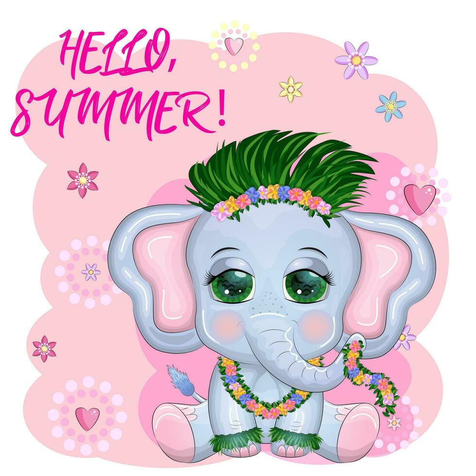 Cute cartoon elephant, childish character with beautiful eyes in Hawaiian costume, beach and vacation vector