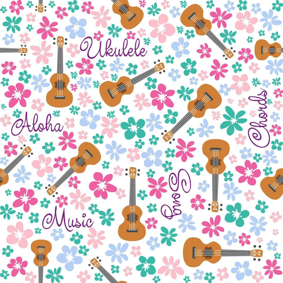 Ukulele seamless pattern, ukulele. Pattern with monstera, leaves, flowers, notes, inscriptions vector