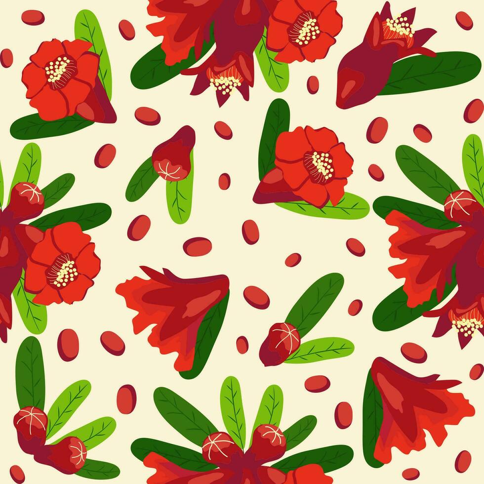 Pomegranate flowers Seamless pattern. Bright leaves and flowers. Shana Tova seamless pattern. Jewish New Year vector
