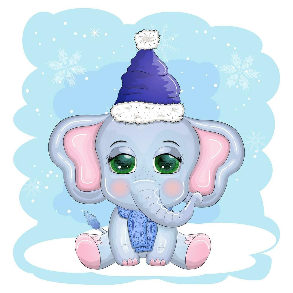 linda dibujos animados elefante, infantil personaje con hermosa ojos vistiendo Papa Noel sombrero, bufanda, participación regalo, Navidad pelota vector