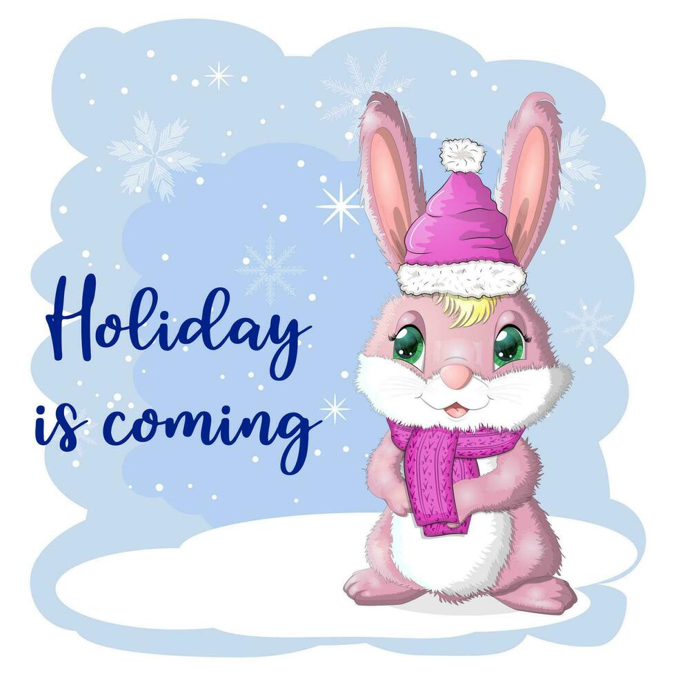 Cute cartoon rabbit in a Santa hat on a background of snow. Winter 2023, Christmas and New Year vector