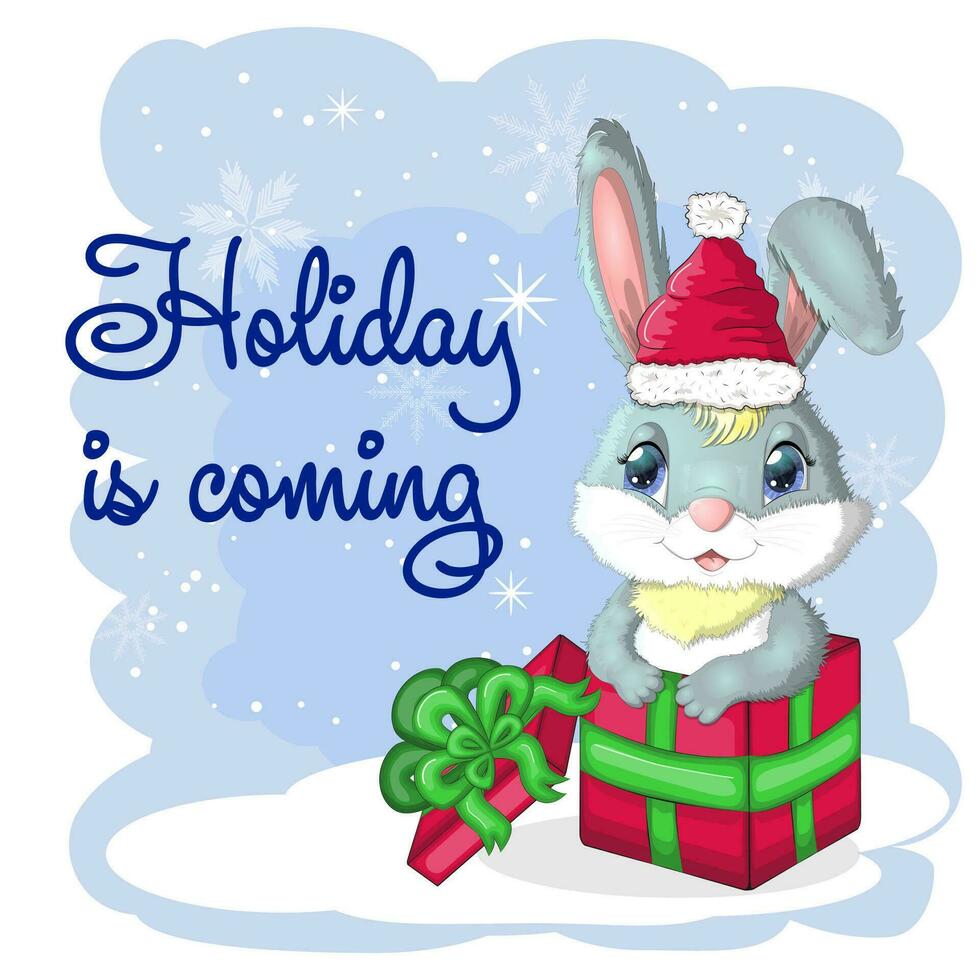 Cute cartoon rabbit in a Santa hat on a background of snow. Winter 2023, Christmas and New Year vector