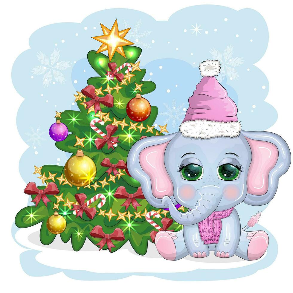 Cute cartoon elephant, childish character in santa hat with gift, christmas ball or candy cane near christmas tree vector