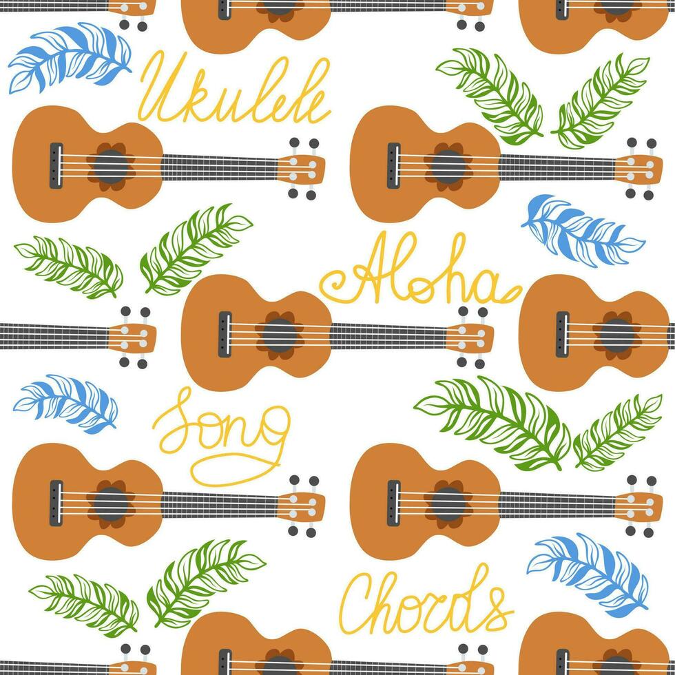 Ukulele seamless pattern, ukulele. Pattern with monstera, leaves, flowers, notes, inscriptions vector