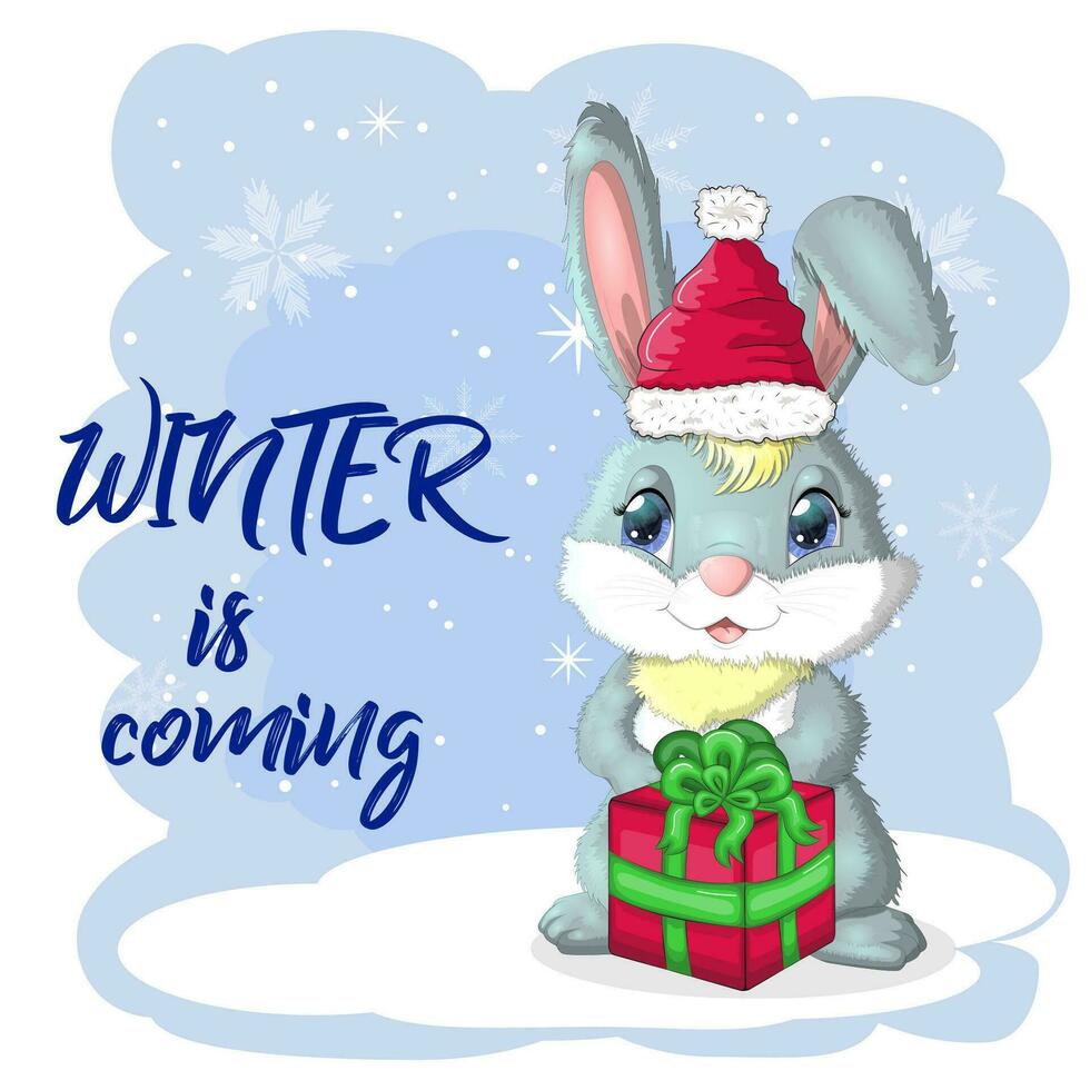 Cute cartoon rabbit in a Santa hat on a background of snow. Winter 2023, Christmas and New Year vector