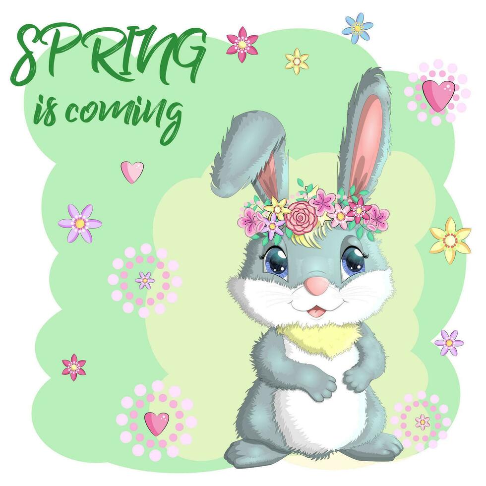 Cartoon rabbit, hare with flowers. Cute childish character, Easter, spring, symbol of 2023 Chinese New Year vector