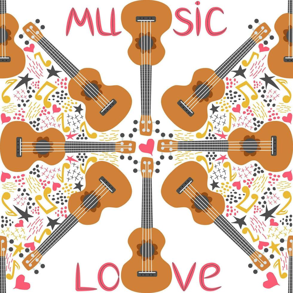 Ukulele seamless pattern, ukulele. Pattern with monstera, leaves, flowers, notes, inscriptions vector