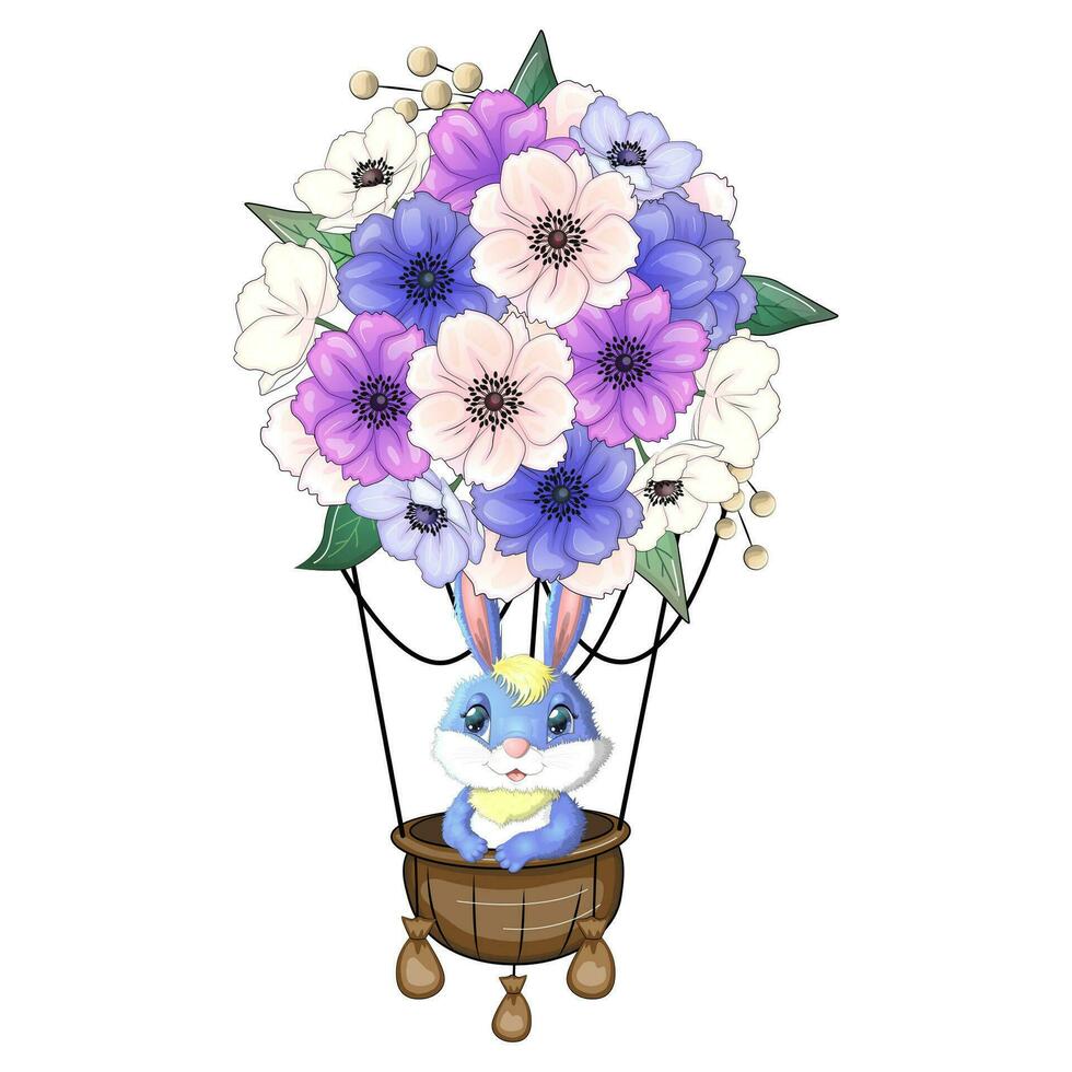 conejo de dibujos animados, liebre vuela en un globo hecho de flores. lindo personaje infantil, símbolo del nuevo año chino 2023 vector