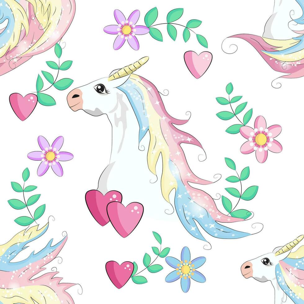 Seamless pattern with cute unicorns, clouds,rainbow and stars. Magic background with little unicorns vector