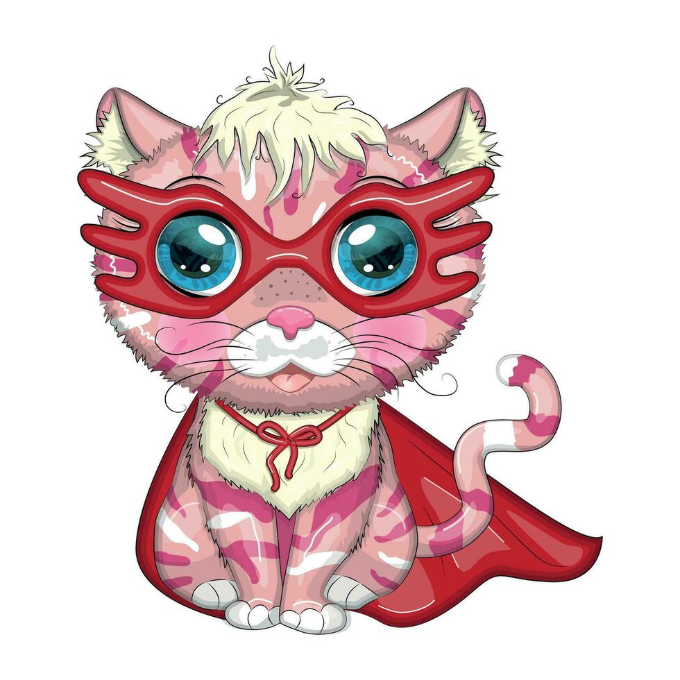 Cartoon cat superhero in a red cloak and mask. Cute child character, symbol of 2023 new chinese year vector