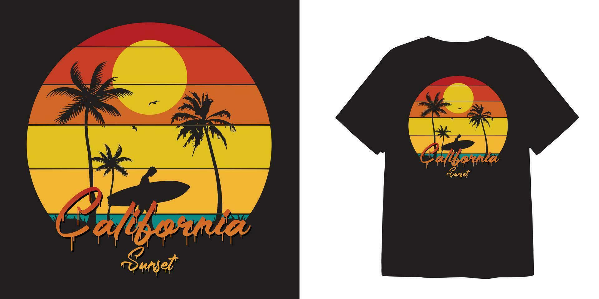 California puesta de sol t camisa diseño y pegatina vector