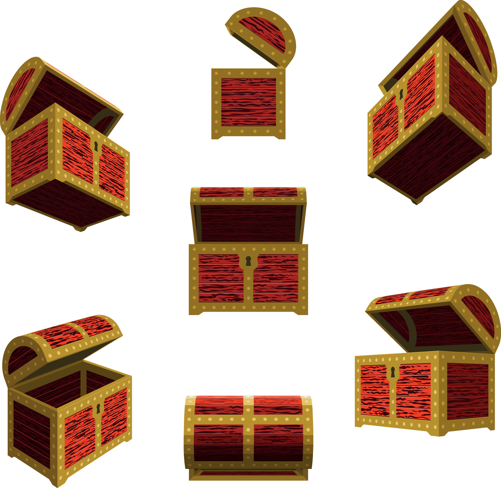 Vector illustration of an ajar empty chests in different angles