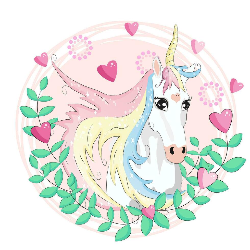 kawaii noche cielo composición con unicornio rosas estrellas y Luna creciente aislado en whte antecedentes. festivo antecedentes o saludo tarjeta. pastel godo paleta. vector