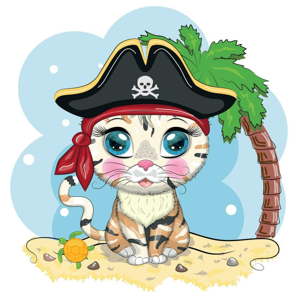 gato pirata, personaje de dibujos animados del juego, gato animal salvaje con un pañuelo y un sombrero de tres picos con una calavera, con un parche en el ojo. vector