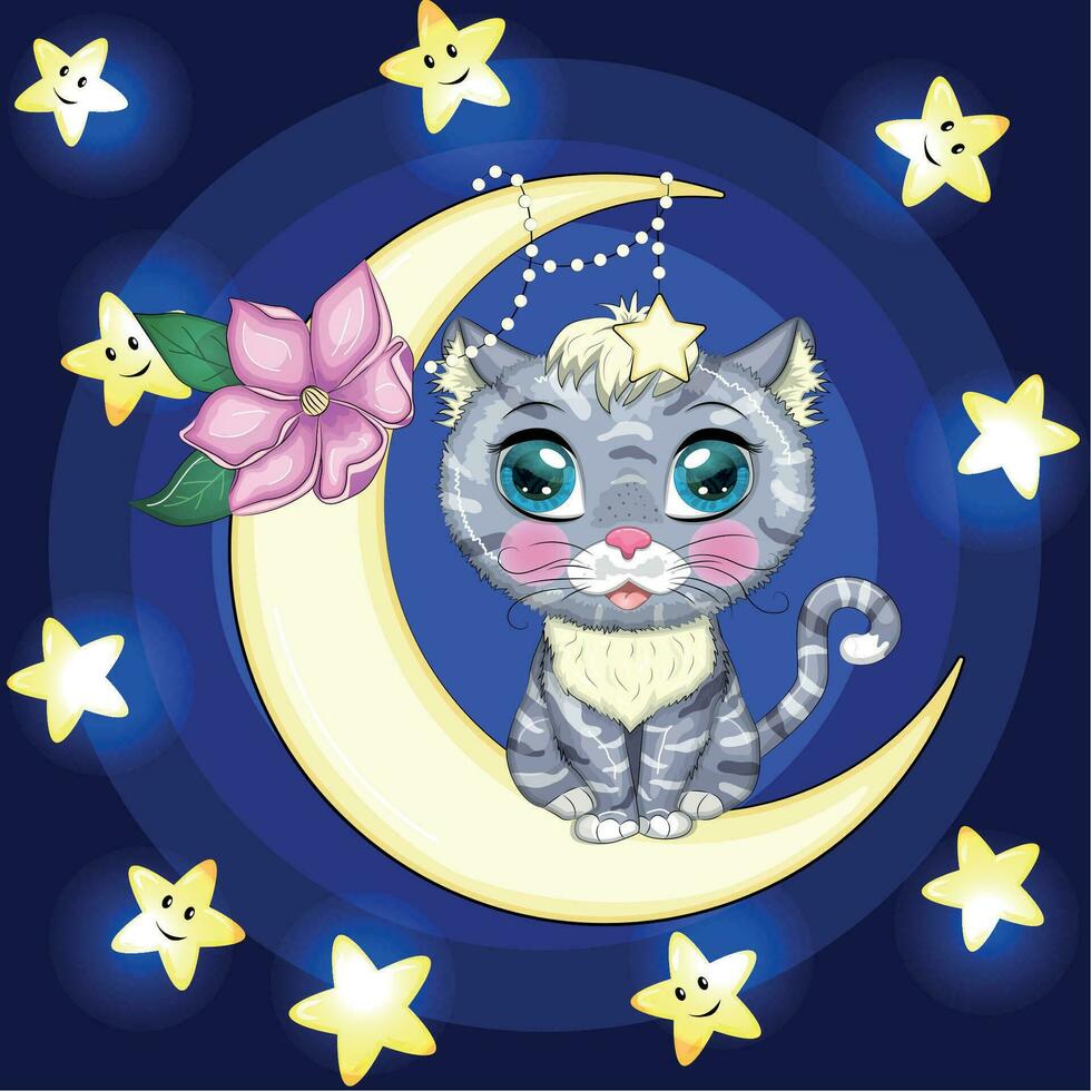 Cartoon cat on the moon with flowers. Cute child character, symbol of 2023 new chinese year vector