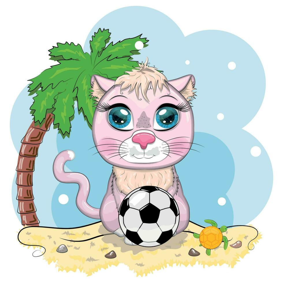 gato de dibujos animados con una pelota de fútbol. vacaciones de verano. lindo personaje infantil, símbolo del nuevo año chino 2023 vector