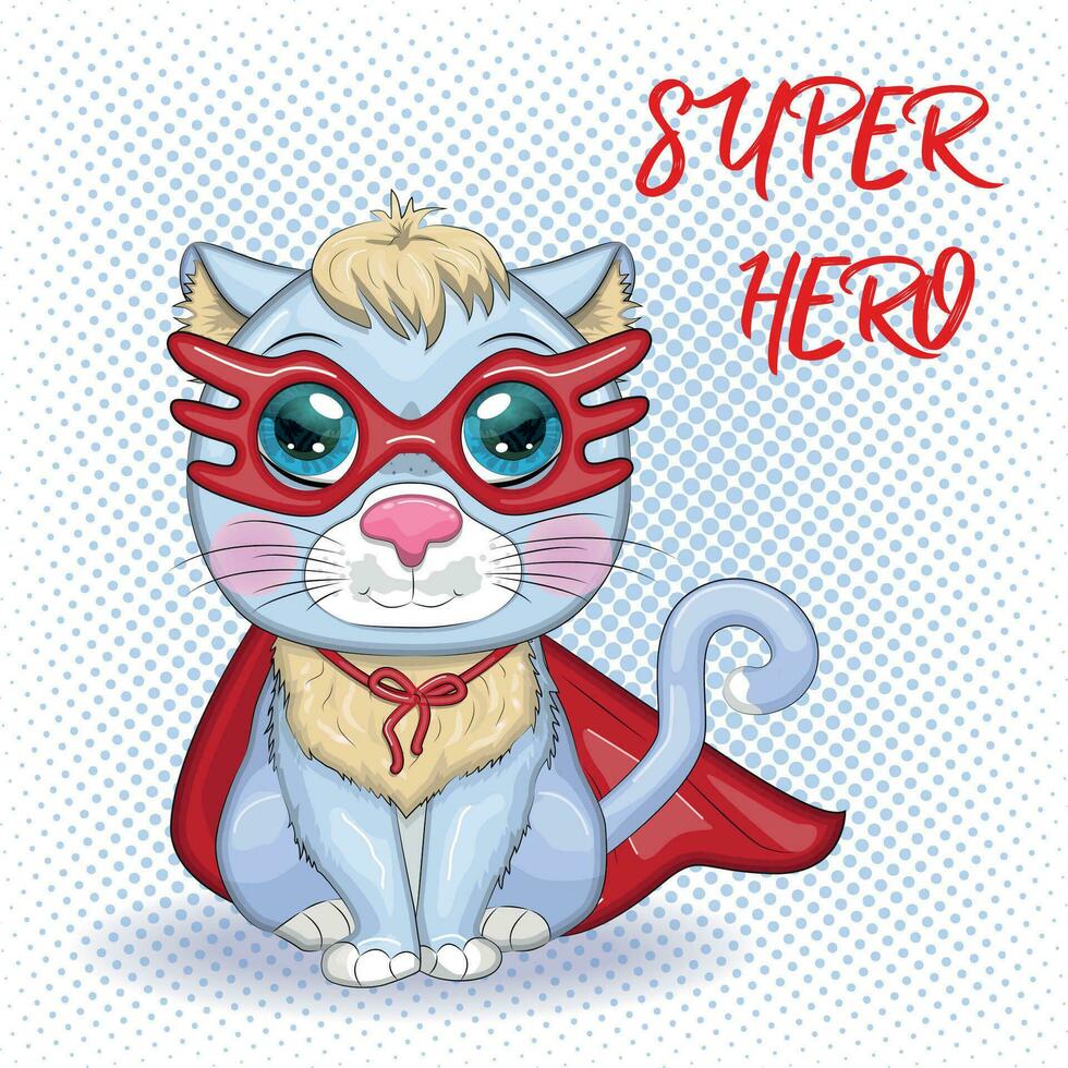 Cartoon cat superhero in a red cloak and mask. Cute child character, symbol of 2023 new chinese year vector