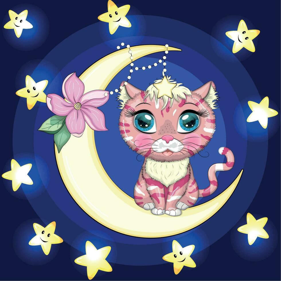 Cartoon cat on the moon with flowers. Cute child character, symbol of 2023 new chinese year vector
