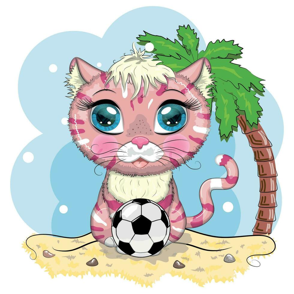 Cartoon cat with a soccer ball. Summer, vacation. Cute child character, symbol of 2023 new chinese year vector