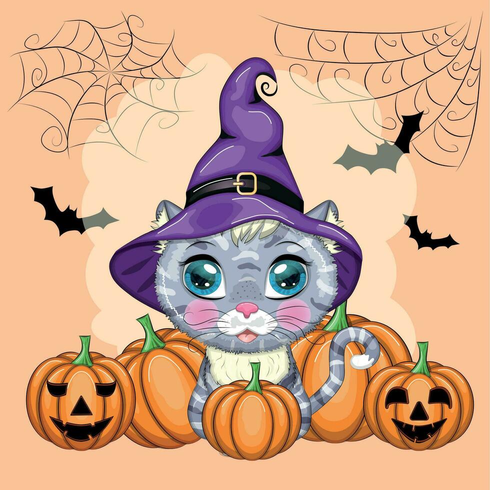 Cartoon cat in purple witch hat with broom, pumpkin, potion. Halloween character, poster. symbol of 2023 vector