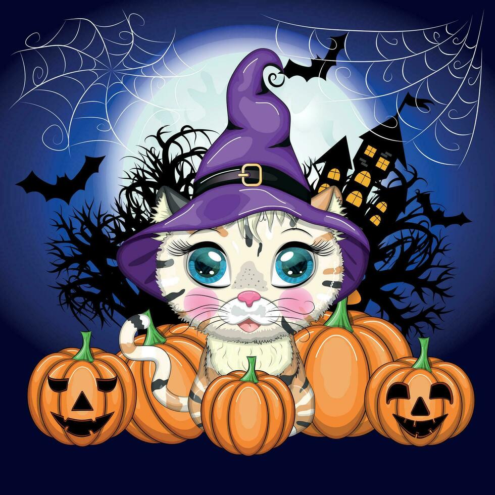 Cartoon cat in purple witch hat with broom, pumpkin, potion. Halloween character, poster. symbol of 2023 vector