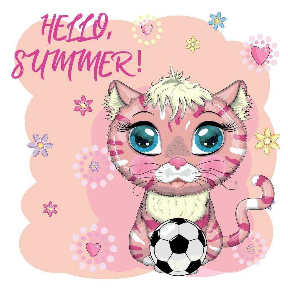 gato de dibujos animados con una pelota de fútbol. vacaciones de verano. lindo personaje infantil, símbolo del nuevo año chino 2023 vector