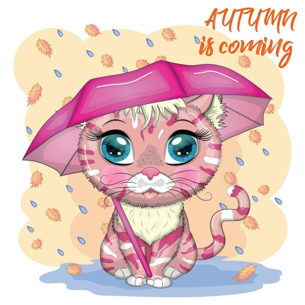 Cartoon cat with an umbrella. Autumn is coming. Cute child character, symbol of 2023 new chinese year vector