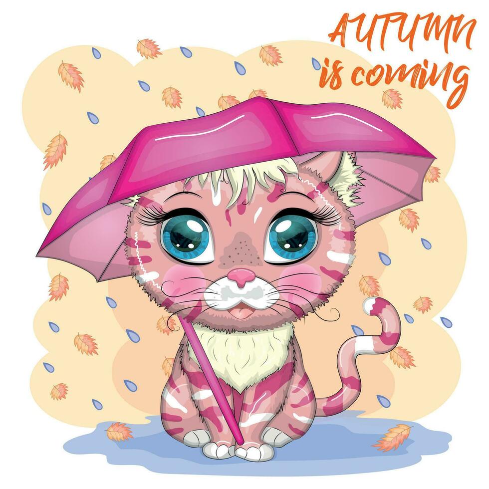 gato de dibujos animados con un paraguas. el otoño está próximo. lindo personaje infantil, símbolo del nuevo año chino 2023 vector