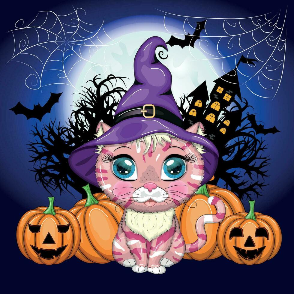 gato de dibujos animados con sombrero de bruja púrpura con escoba, calabaza, poción. personaje de halloween, cartel. símbolo de 2023 vector