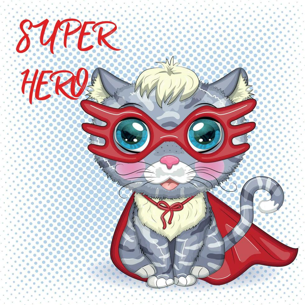 Cartoon cat superhero in a red cloak and mask. Cute child character, symbol of 2023 new chinese year vector