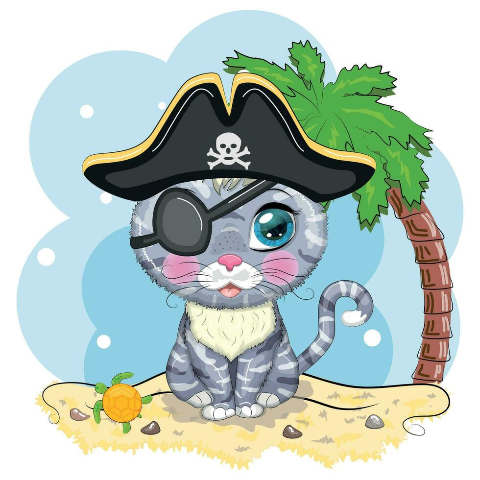 Cat pirate, cartoon character of the game, wild animal cat in a bandana and a cocked hat with a skull, with an eye patch. vector