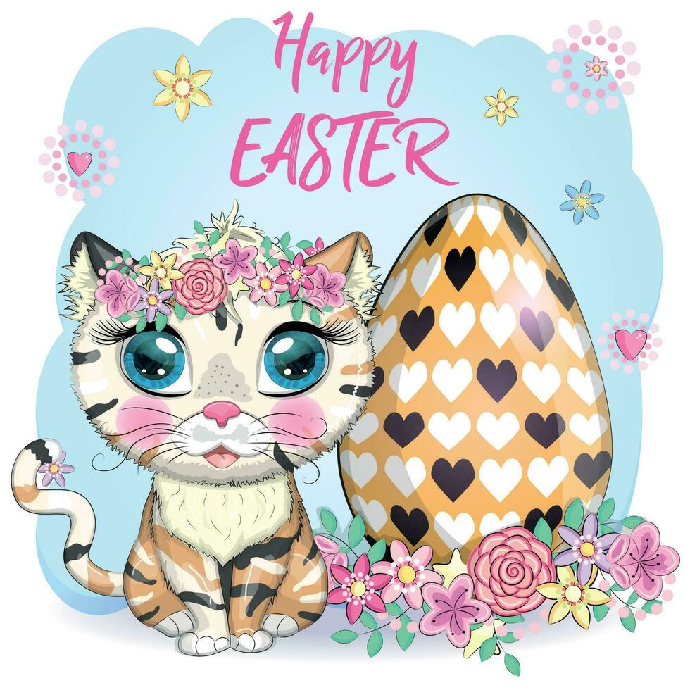 lindo gato de dibujos animados cerca de una hermosa canasta de Pascua llena de huevos. feliz tarjeta de pascua vector