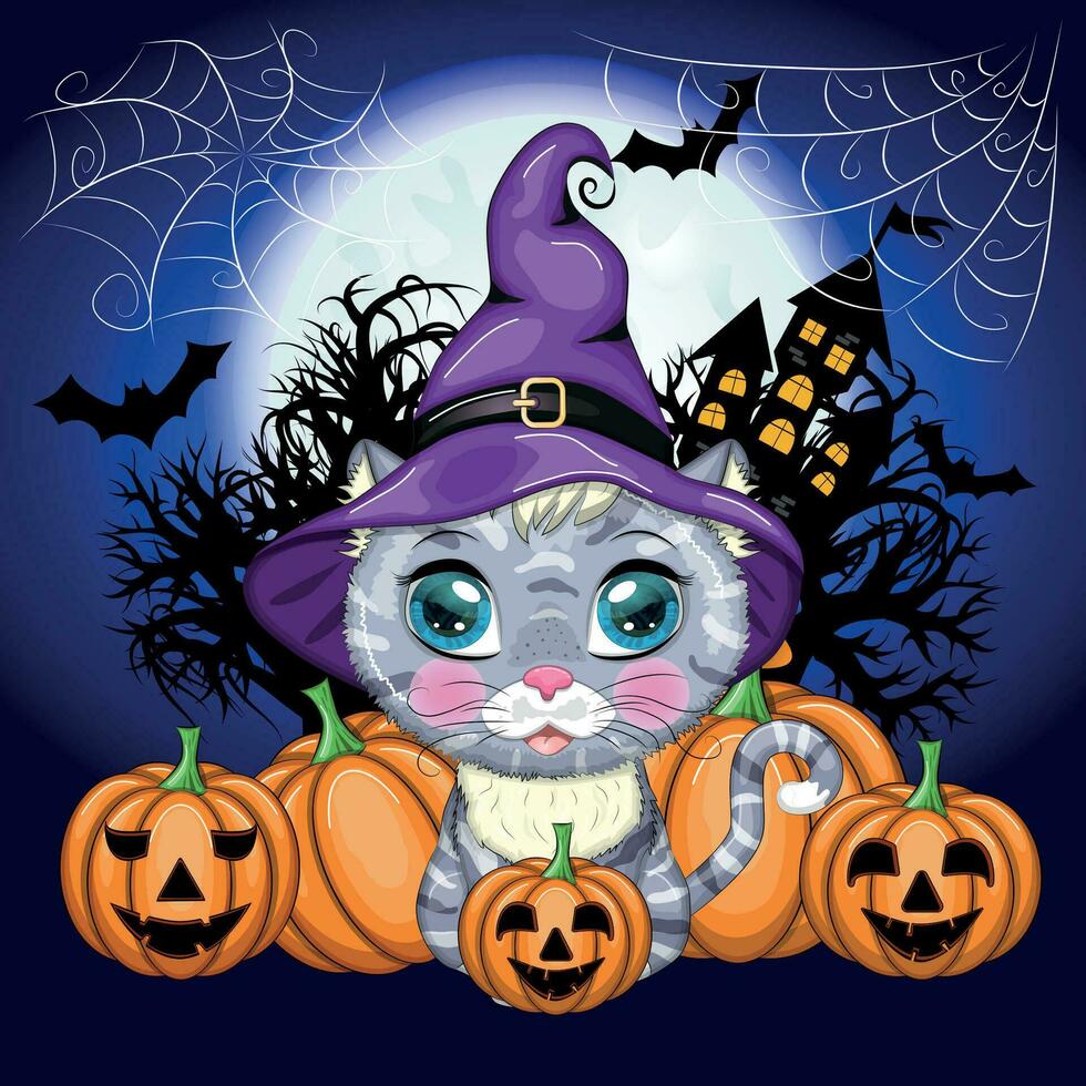 Cartoon cat in purple witch hat with broom, pumpkin, potion. Halloween character, poster. symbol of 2023 vector