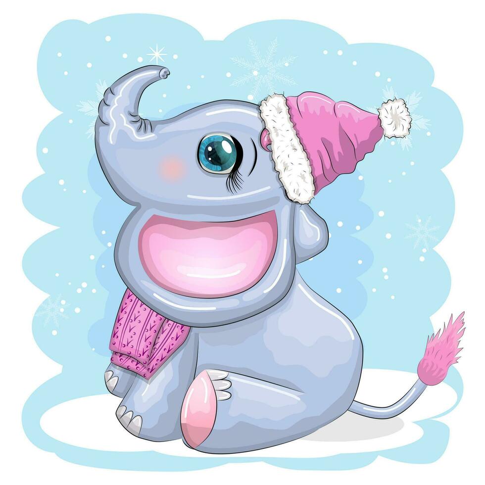 Cute cartoon elephant, childish character with beautiful eyes wearing santa hat, scarf, holding gift, christmas ball vector