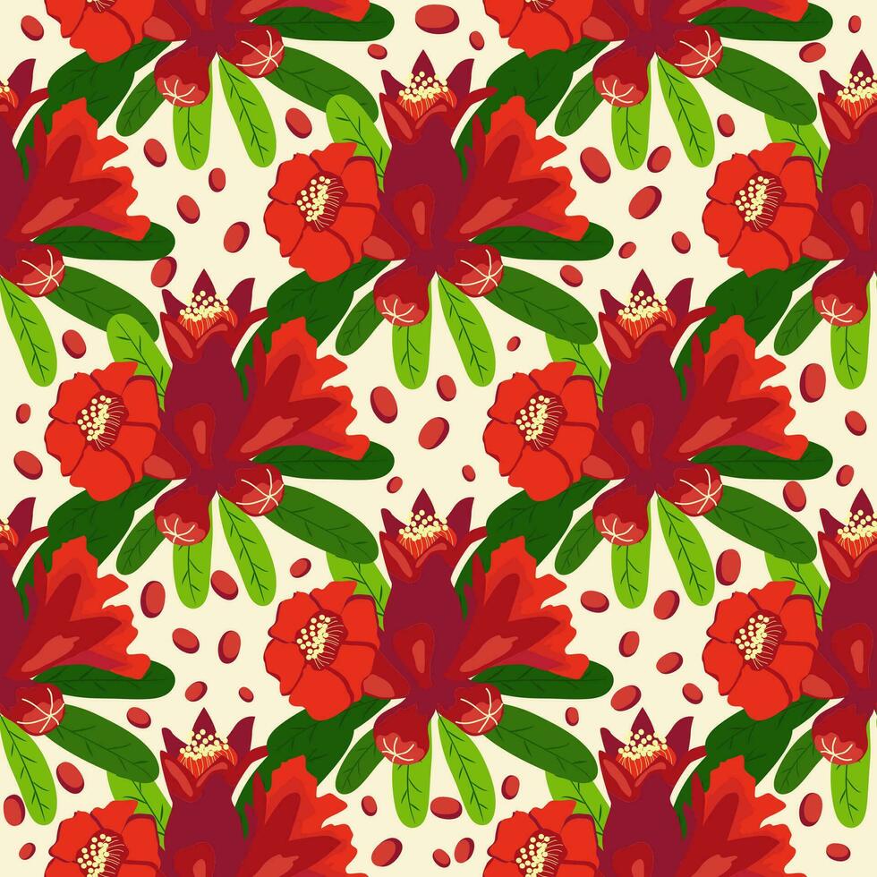 Pomegranate flowers Seamless pattern. Bright leaves and flowers. Shana Tova seamless pattern. Jewish New Year vector