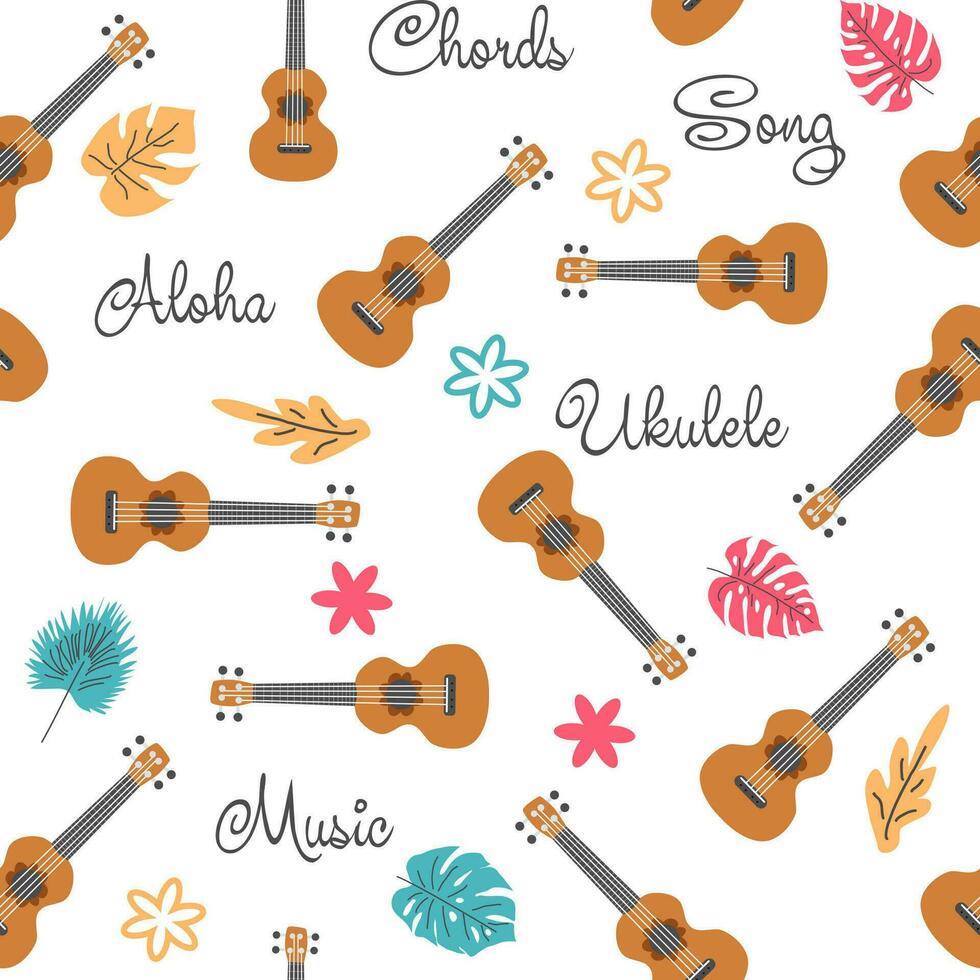 ukelele sin costura patrón, ukelele modelo con monstruo, hojas, flores, notas, inscripciones vector