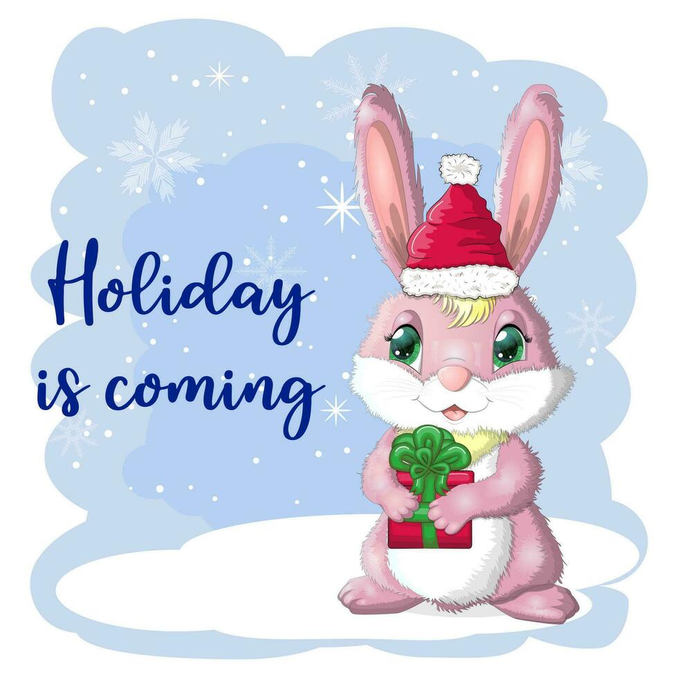 Cute cartoon rabbit in a Santa hat on a background of snow. Winter 2023, Christmas and New Year vector
