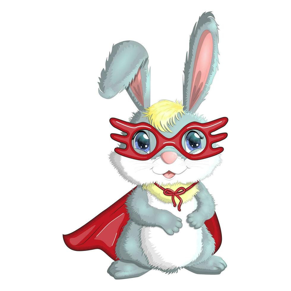 Cartoon rabbit, hare superhero in red cloak and mask. Cute childish character, Easter, spring, symbol of 2023 vector