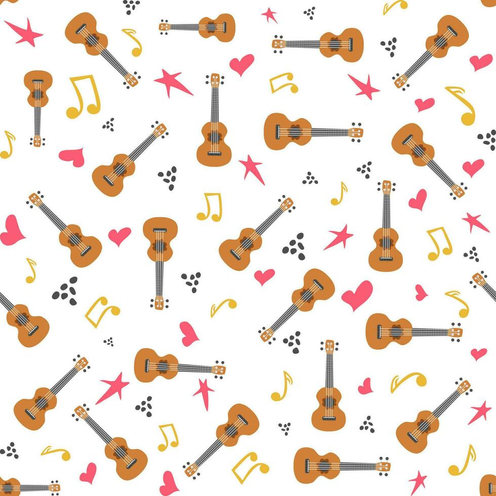 Ukulele seamless pattern, ukulele. Pattern with monstera, leaves, flowers, notes, inscriptions vector